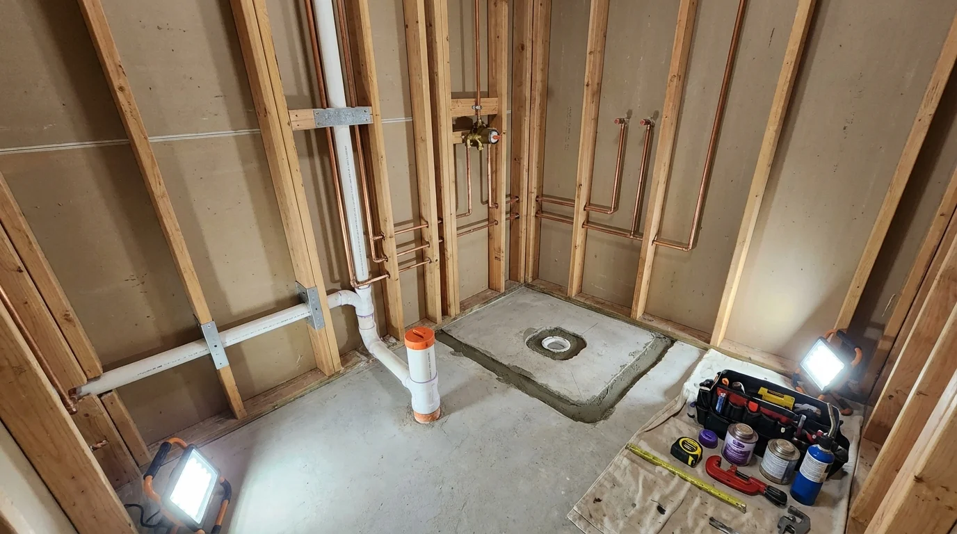 Bathroom rough-in plumbing during remodel by Johns Plumbing LLC in Corinth