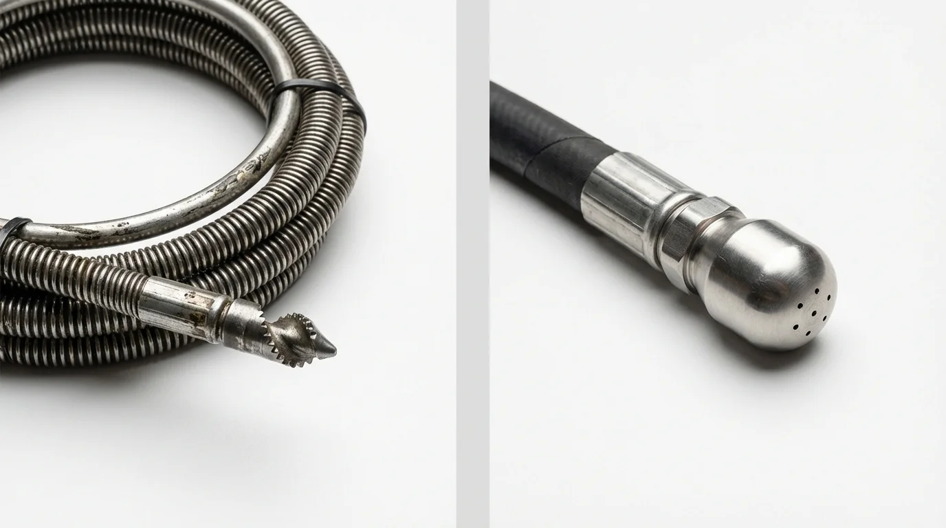 Drain snake cable and hydro jetting nozzle used for drain cleaning in Corinth, NY