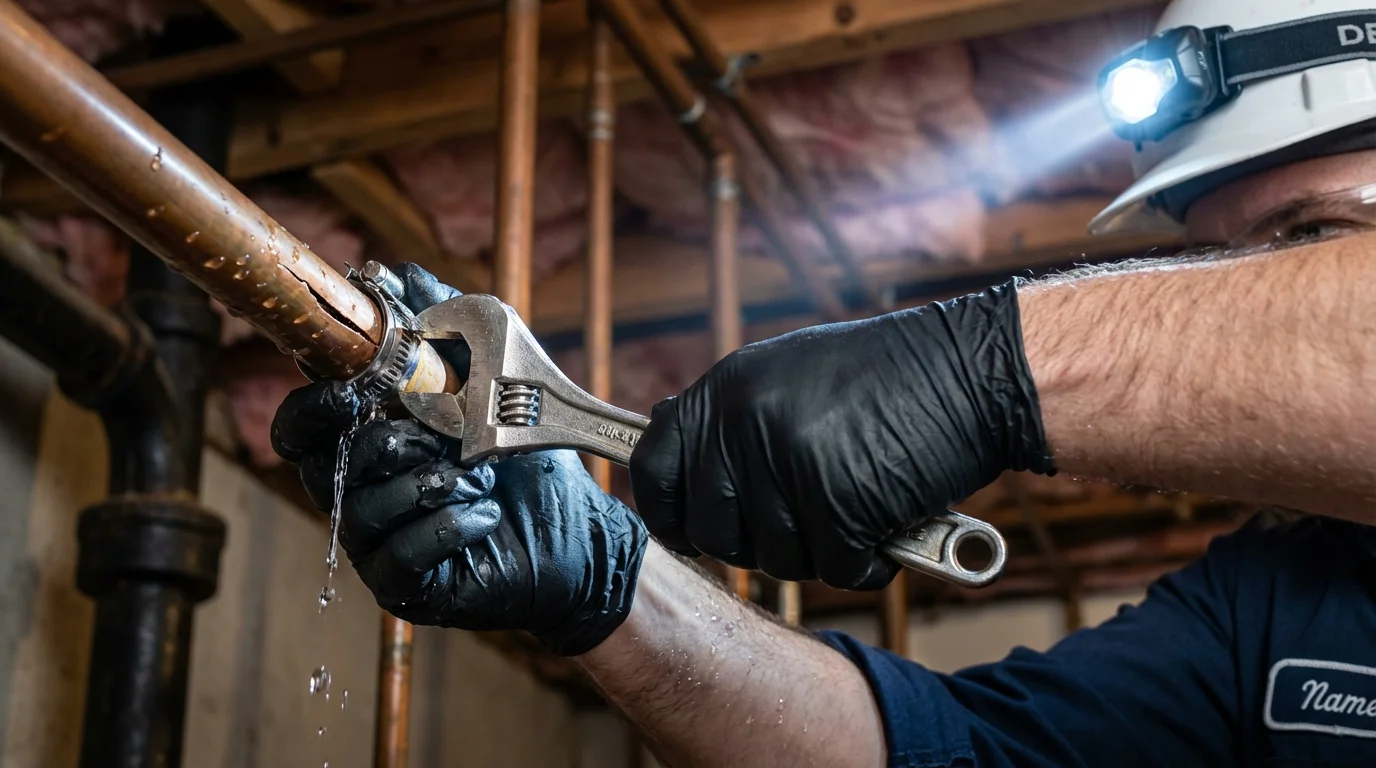 Emergency pipe clamp repair being performed by a Johns Plumbing LLC plumber in Corinth