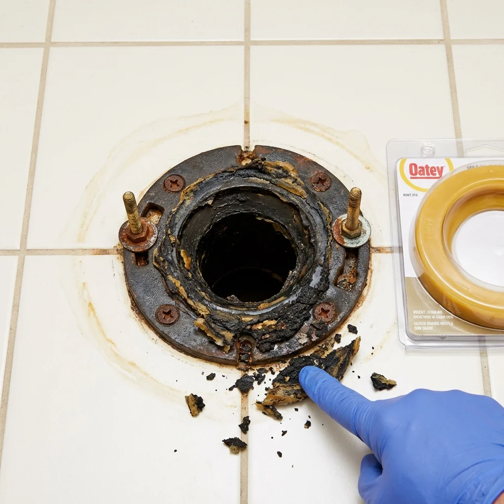 Failed wax ring showing water seepage at the base of a toilet in a Corinth, NY home