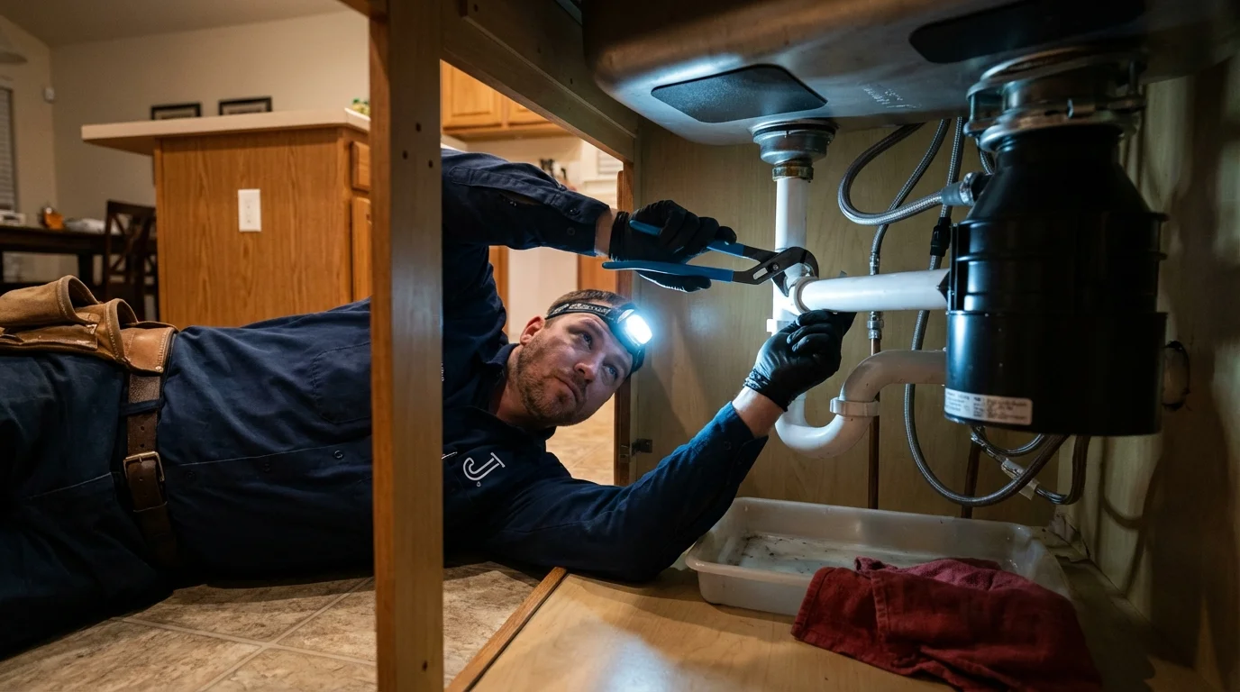 P-trap and supply line connections under a kitchen sink showing a common leak point in Corinth, NY